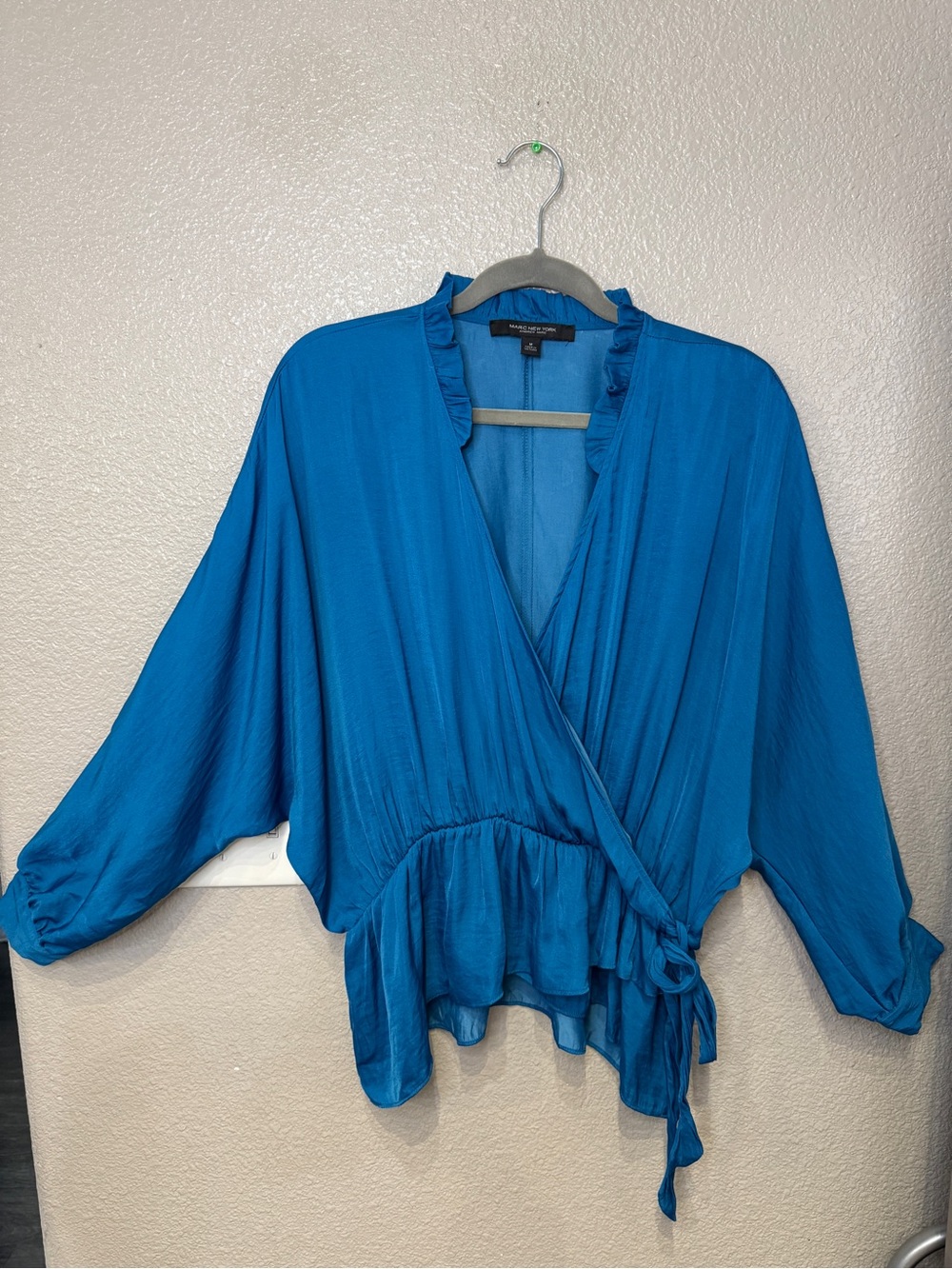 Marc New York Blue Satin Wrap Blouse Ruffle Peplum Tie Waist M